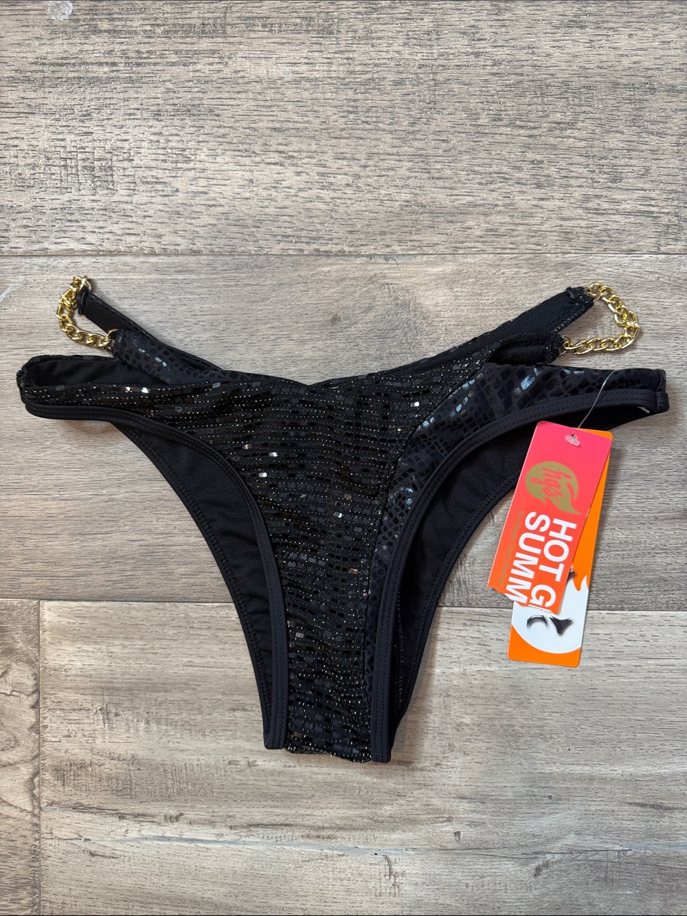 NWT Hot Girl Summer Black Sequin Snake Print Chain Bikini Bottom